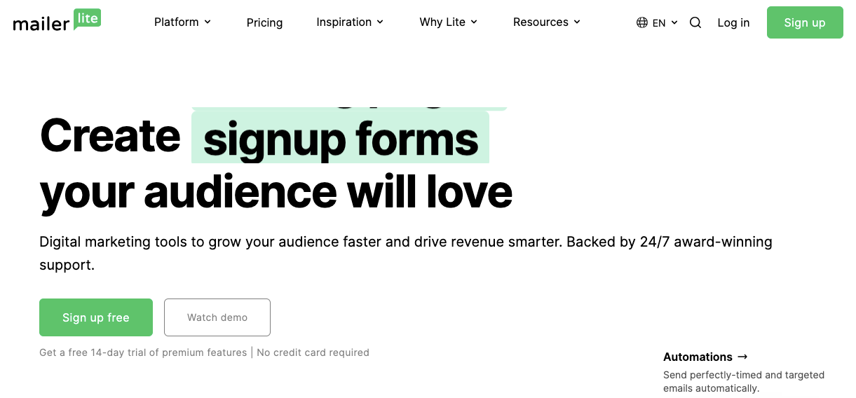MailerLite homepage showing marketing tools with the headline: Create signup forms your audience will love.