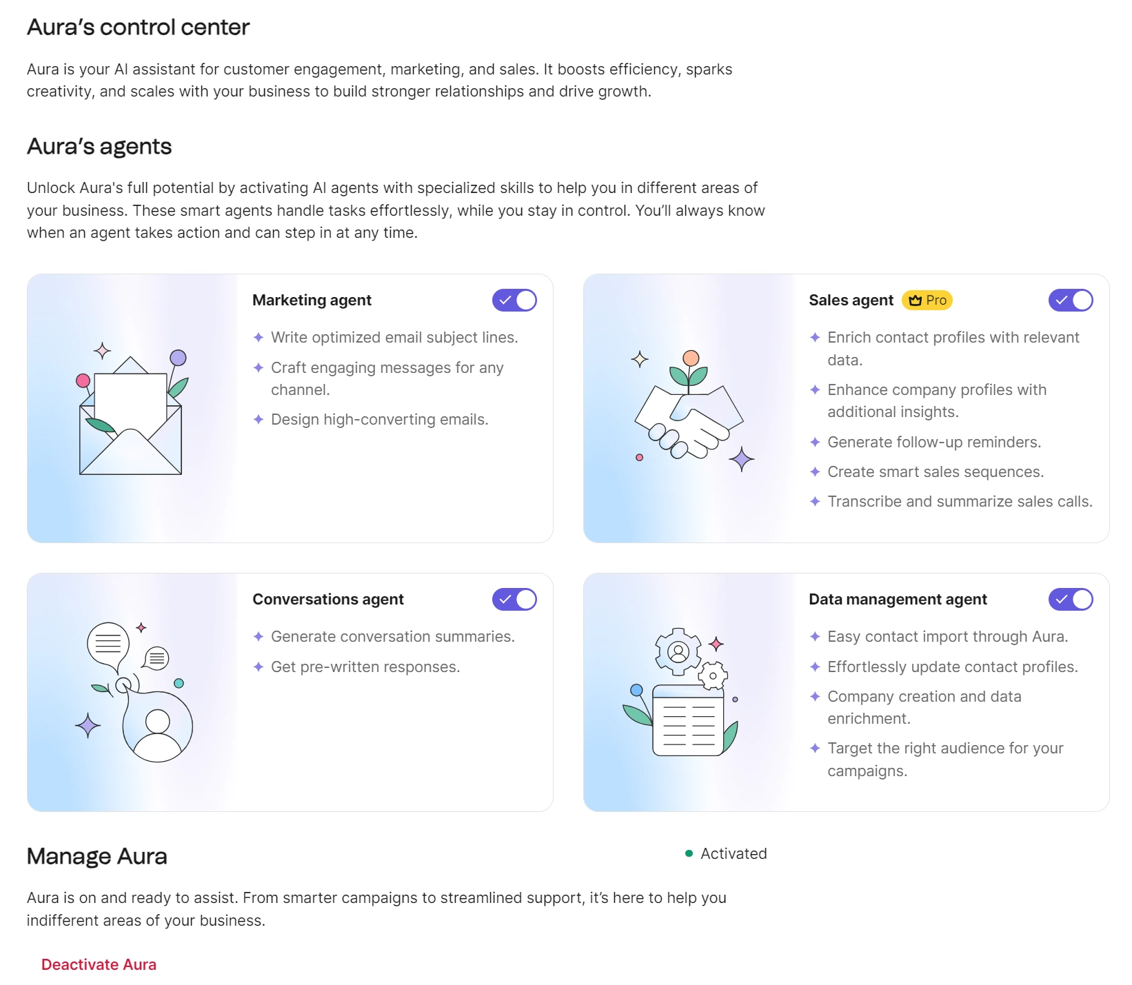 Four AI agent cards (marketing, sales, conversations, data) featuring toolsets and active status toggles.