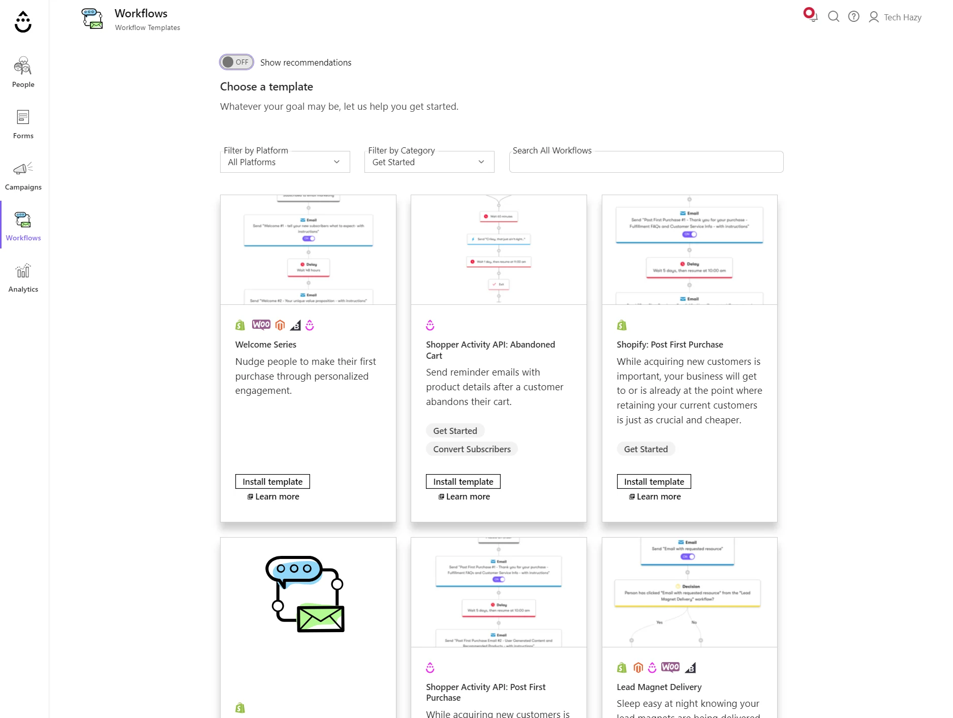 Workflow templates page showing options for Welcome Series, Abandoned Cart, and Post-Purchase emails.