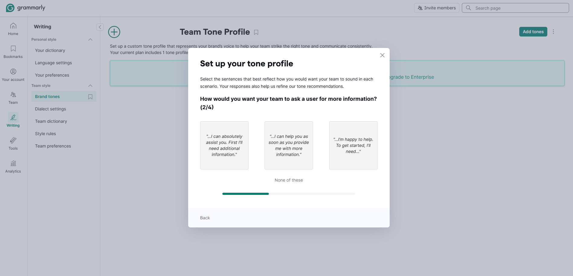 Grammarly interface showing a tone profile setup screen with three response options for asking a user for information.
