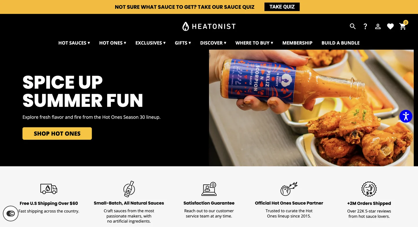 Heatonist’s online hot sauce store featuring products organized by heat level and a sauce recommendation quiz.
