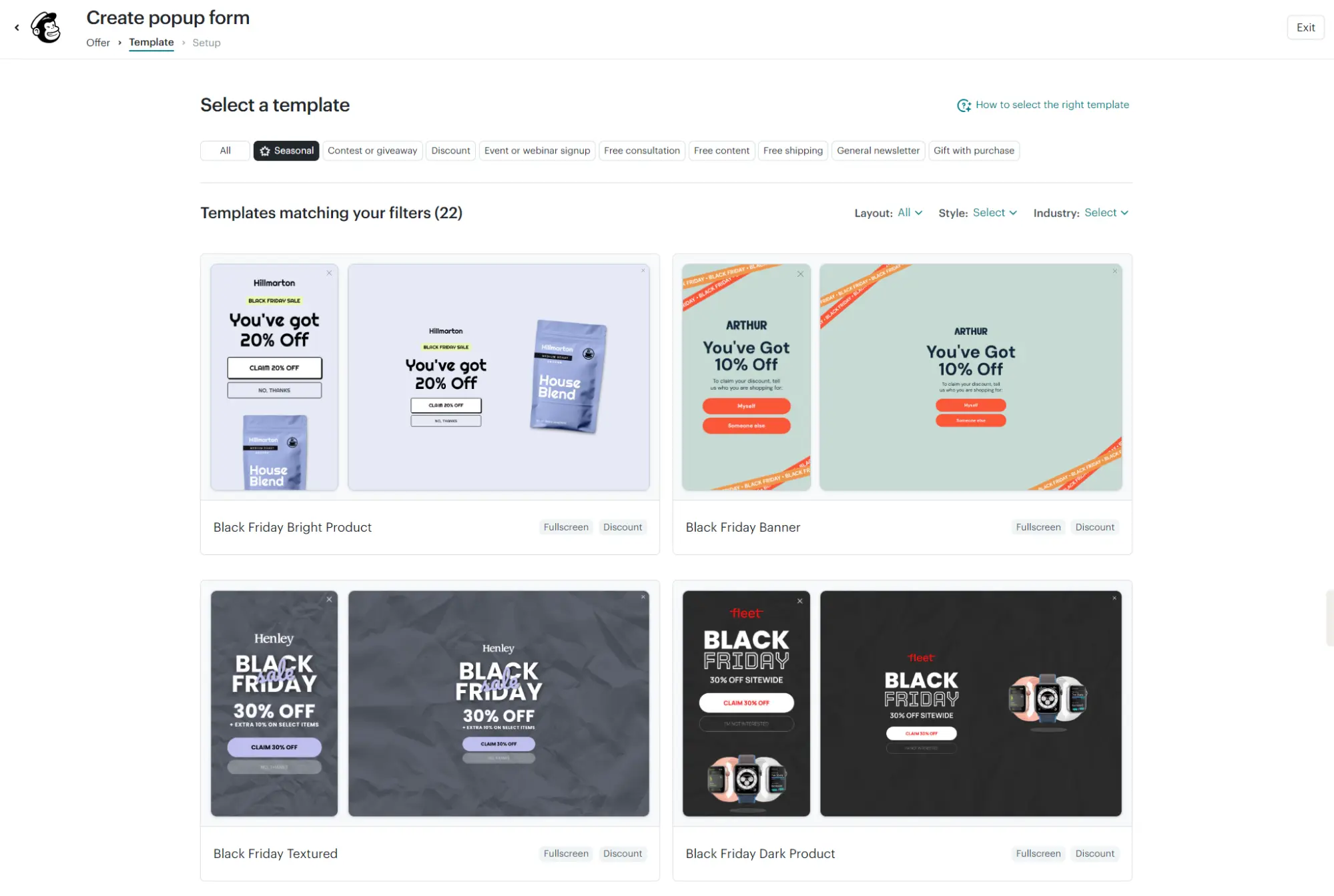 An interface displaying selectable popup form templates for Black Friday sales.
