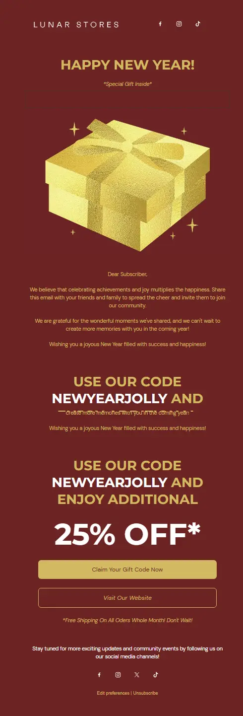 Email with a gift box graphic, offering a 25% discount with code NEWYEARJOLLY.