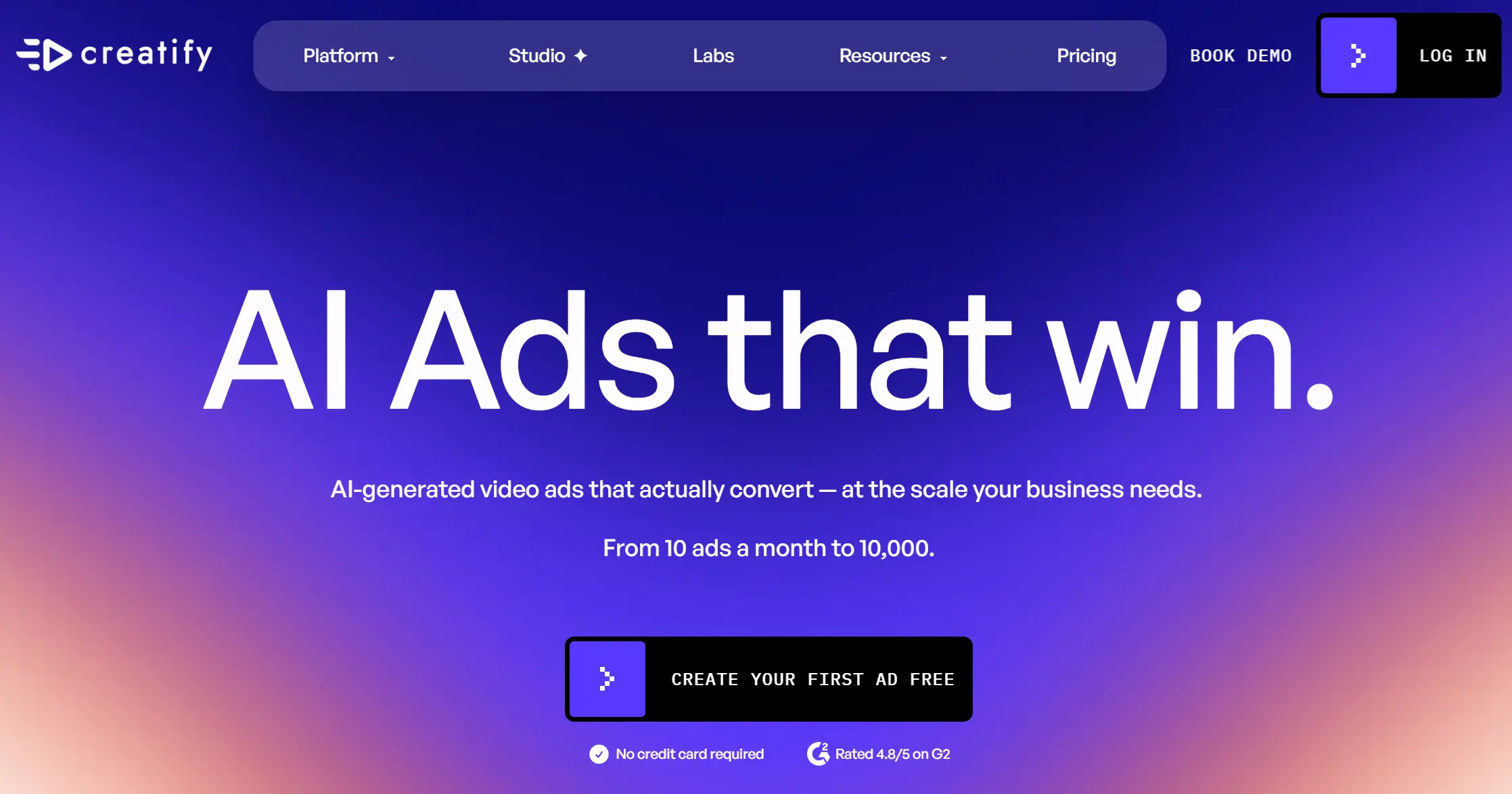 Creatify website homepage with the headline AI Ads that win and a call-to-action button for a free trial.