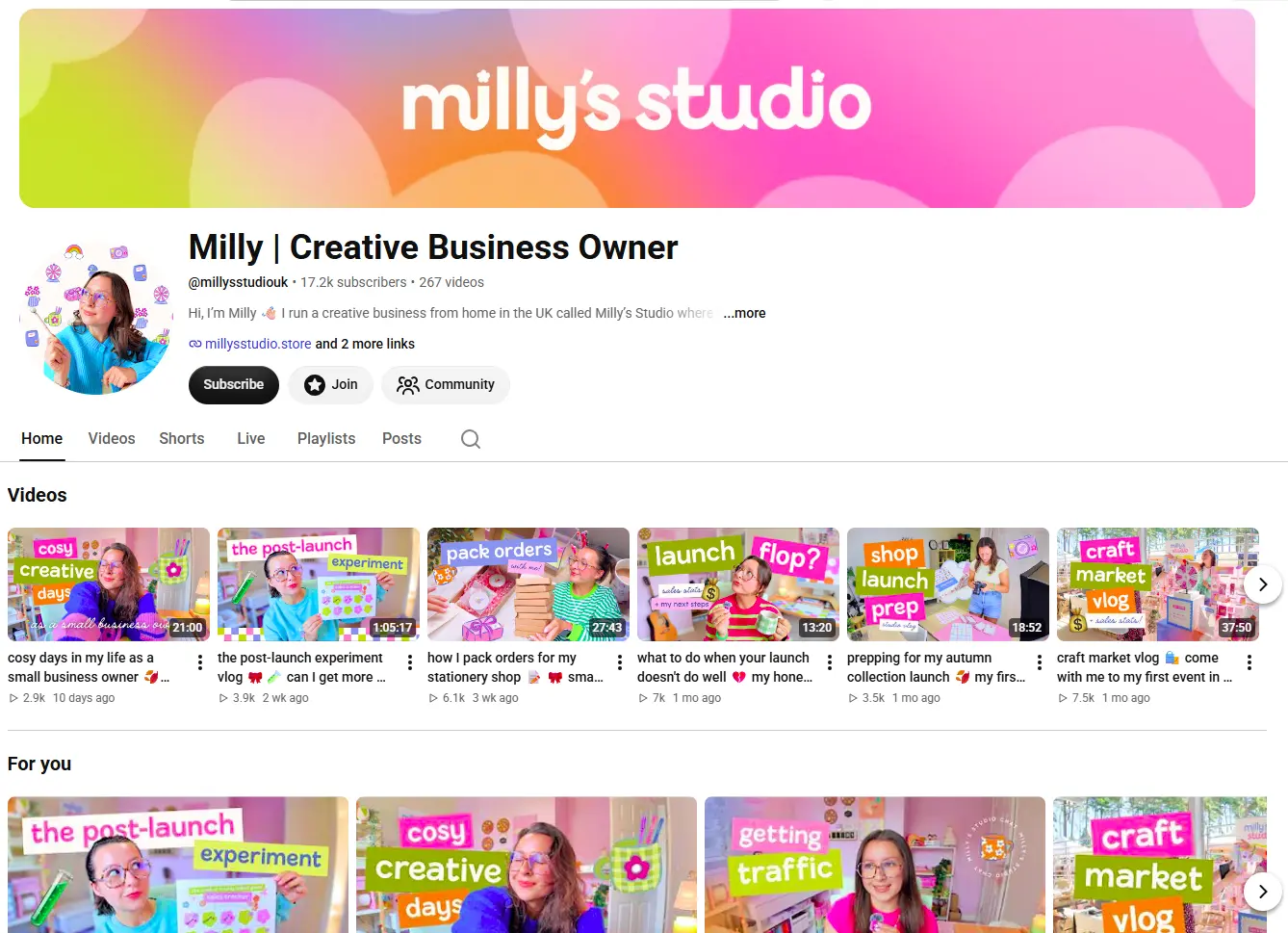 YouTube channel page for Millys Studio, showing channel art, profile information, and a grid of video thumbnails.