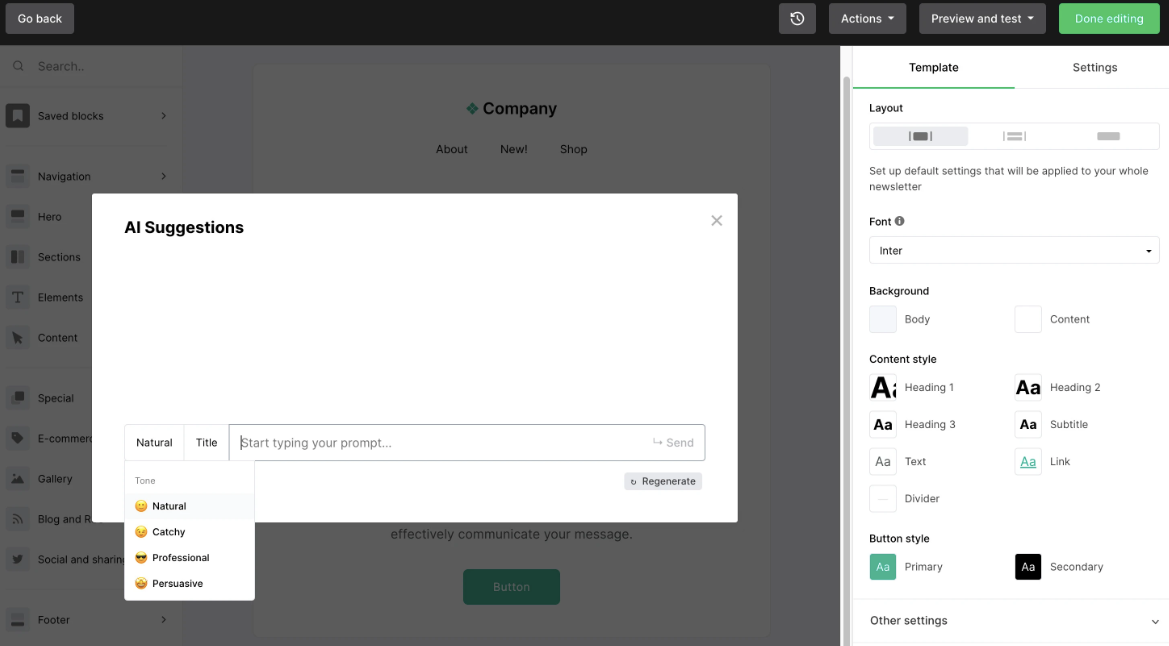 Mailerlite interface showing an AI Suggestions pop-up window with a prompt box and tone selection menu.