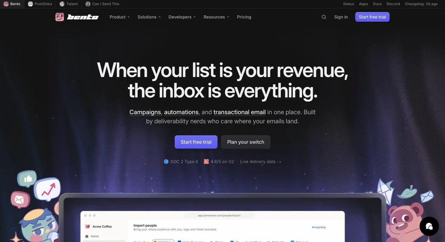 Bento website homepage showing branding, call-to-action buttons, and an interface preview.