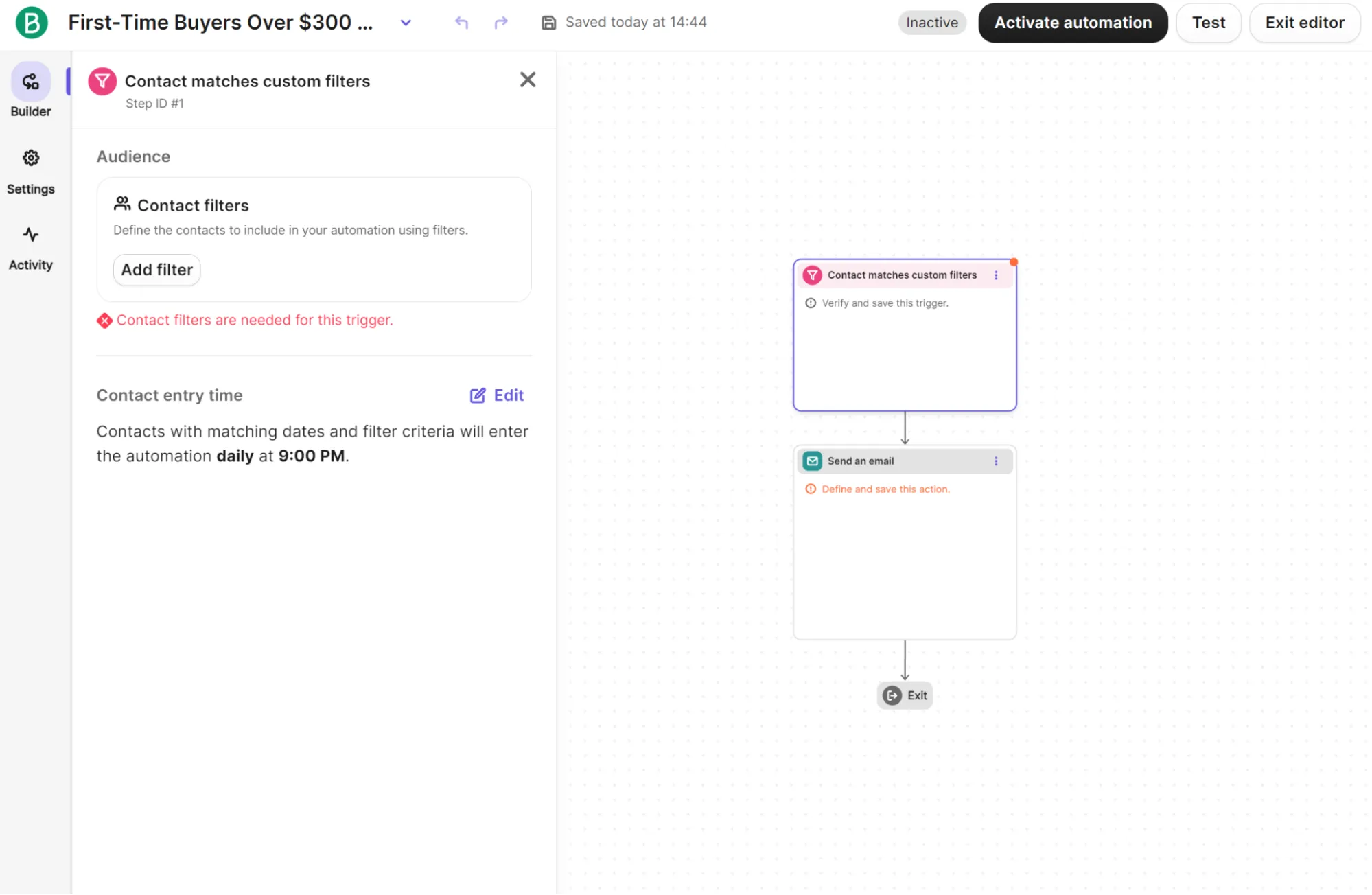 Automation builder interface showing a contact filter trigger and an email action.