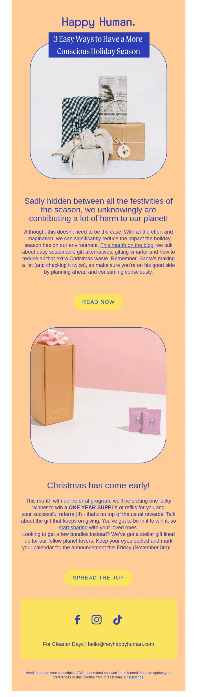 A holiday-themed email newsletter with eco-friendly gift tips and a giveaway announcement, featuring wrapped presents.