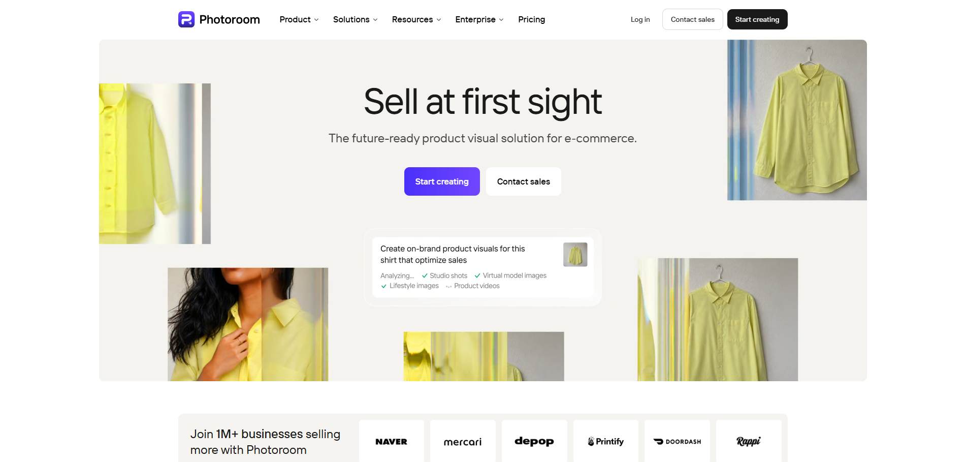 Photoroom website homepage featuring product photography tools for ecommerce.