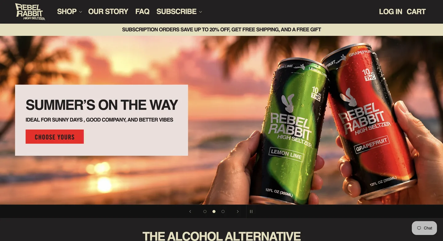 Rebel Rabbit’s THC-infused seltzer website featuring bold branding and age-restricted shopping.