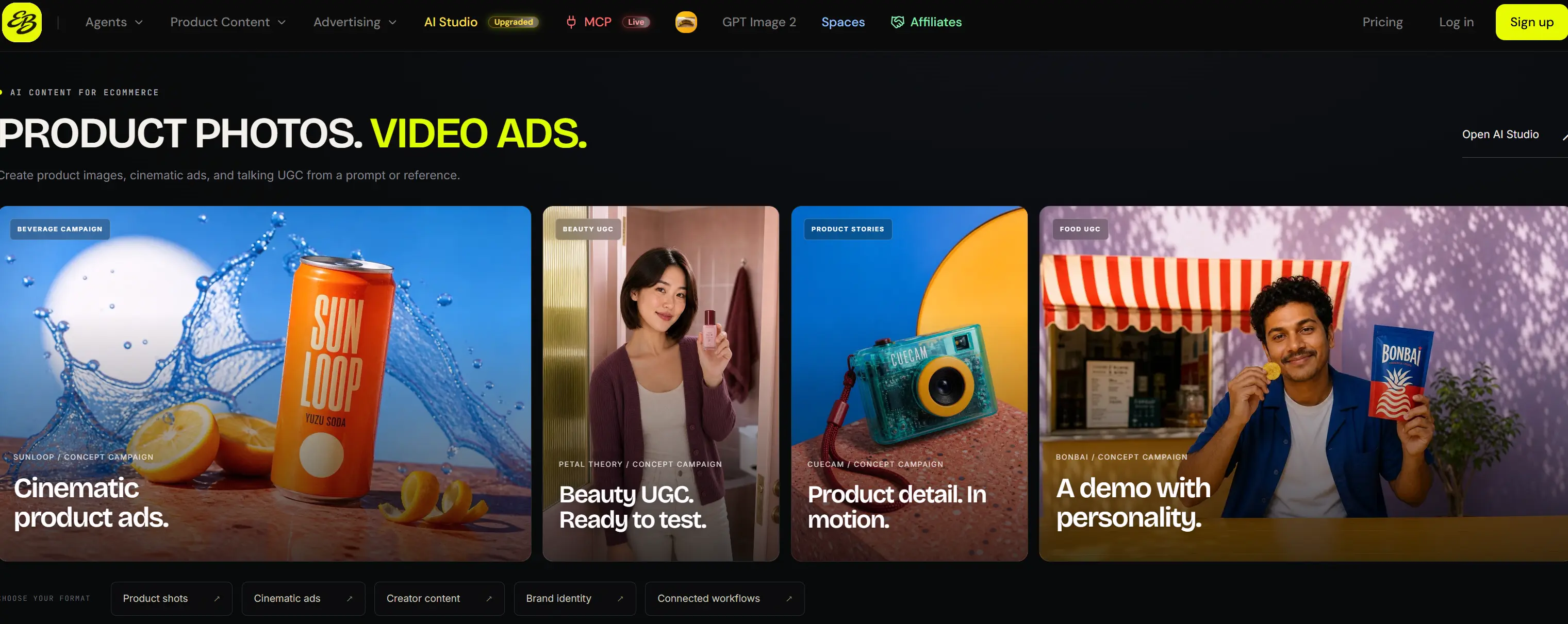 EcomBos page featuring four example project cards for AI-generated product and video advertisements.