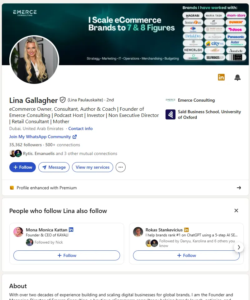 Lina Gallaghers LinkedIn profile page featuring a professional headshot, banner with client logos, and contact info.