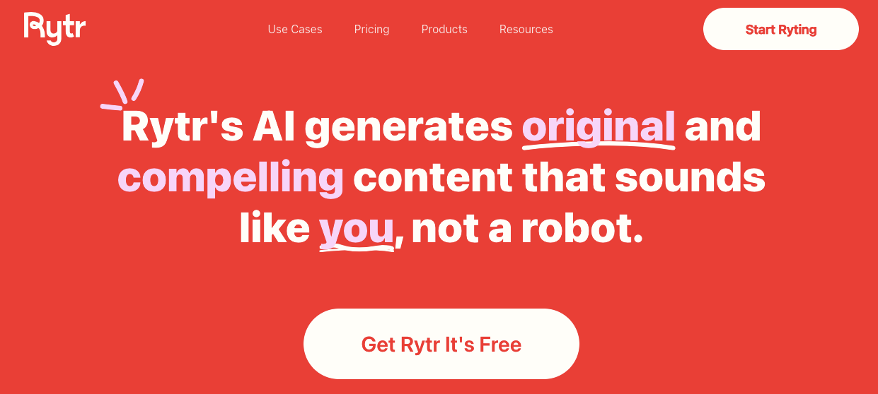 Rytr website header featuring the tagline: Rytrs AI generates original and compelling content that sounds like you.