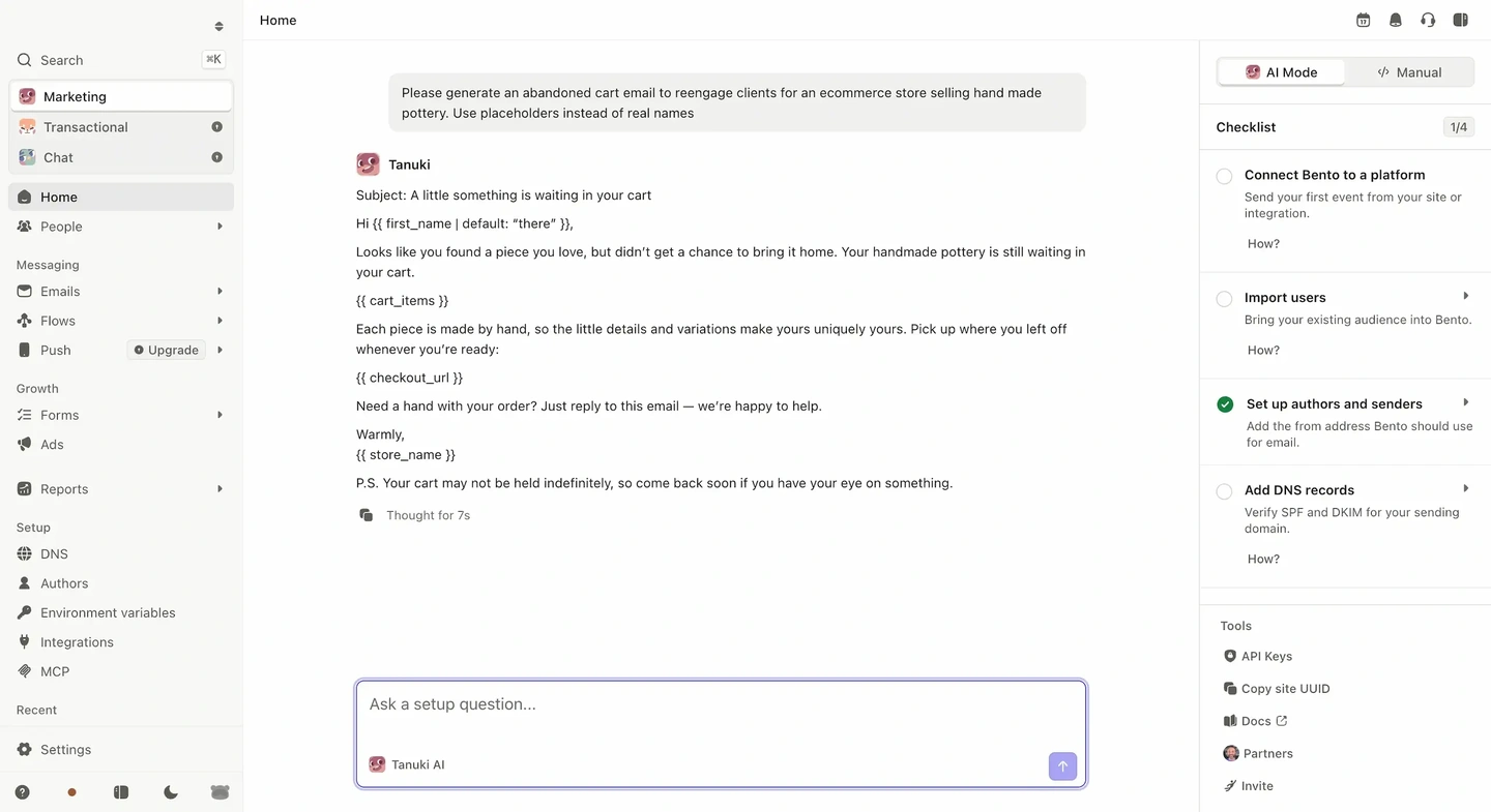 Bento dashboard showing an email template for an abandoned cart on an ecommerce pottery store.