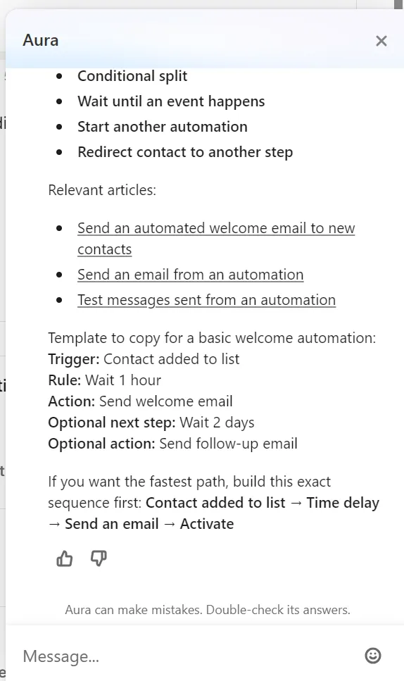 Aura AI chat window displaying a guide for building a basic welcome automation sequence.