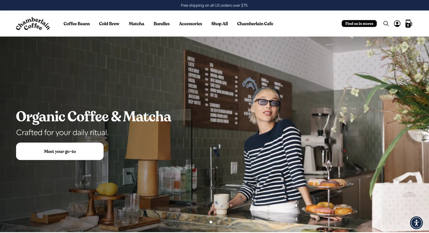 Chamberlain Coffee’s website showcasing its coffee and matcha products and café-inspired branding.