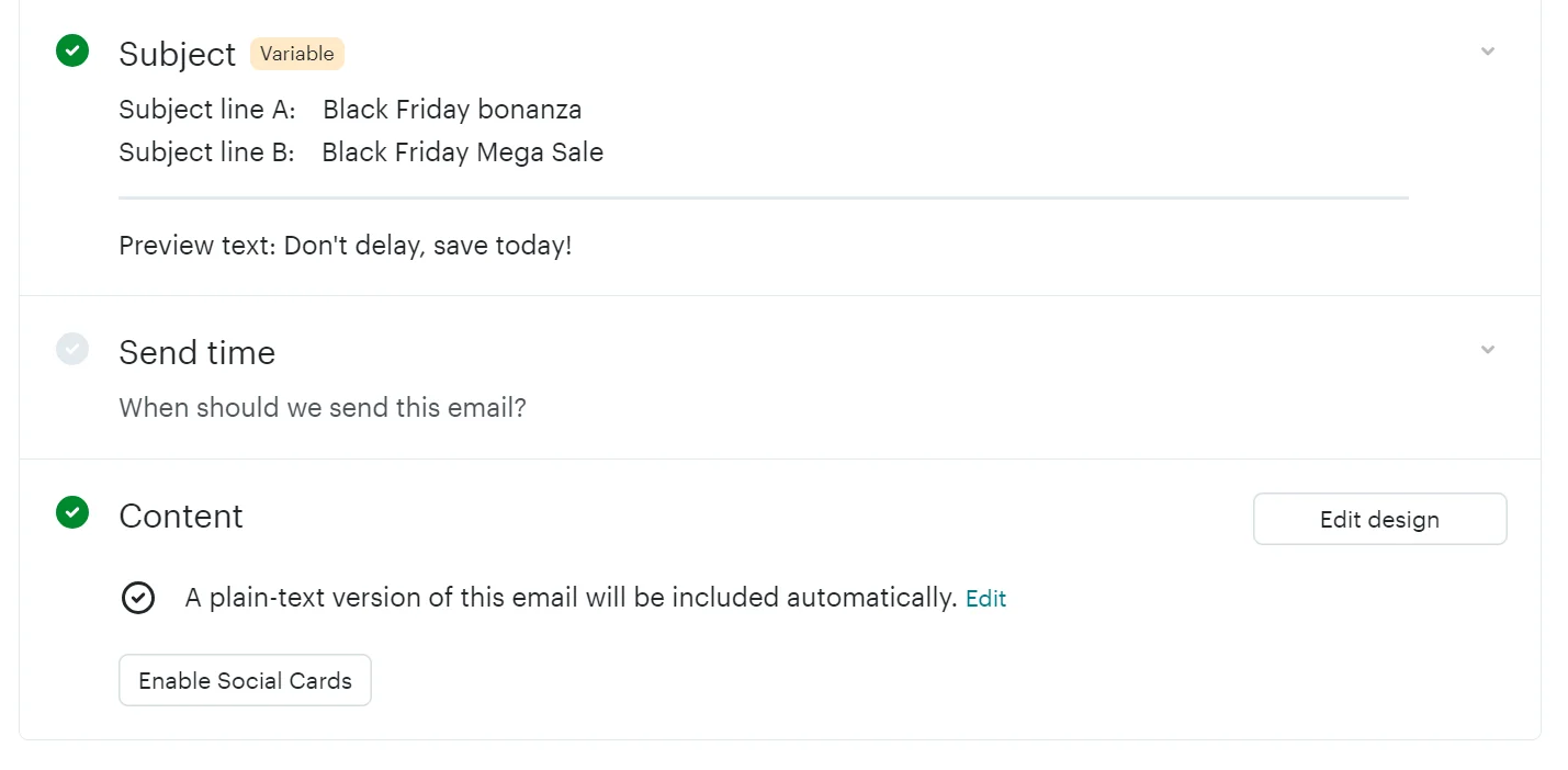 Email campaign settings showing subject lines, preview text, send time options, and content design settings.
