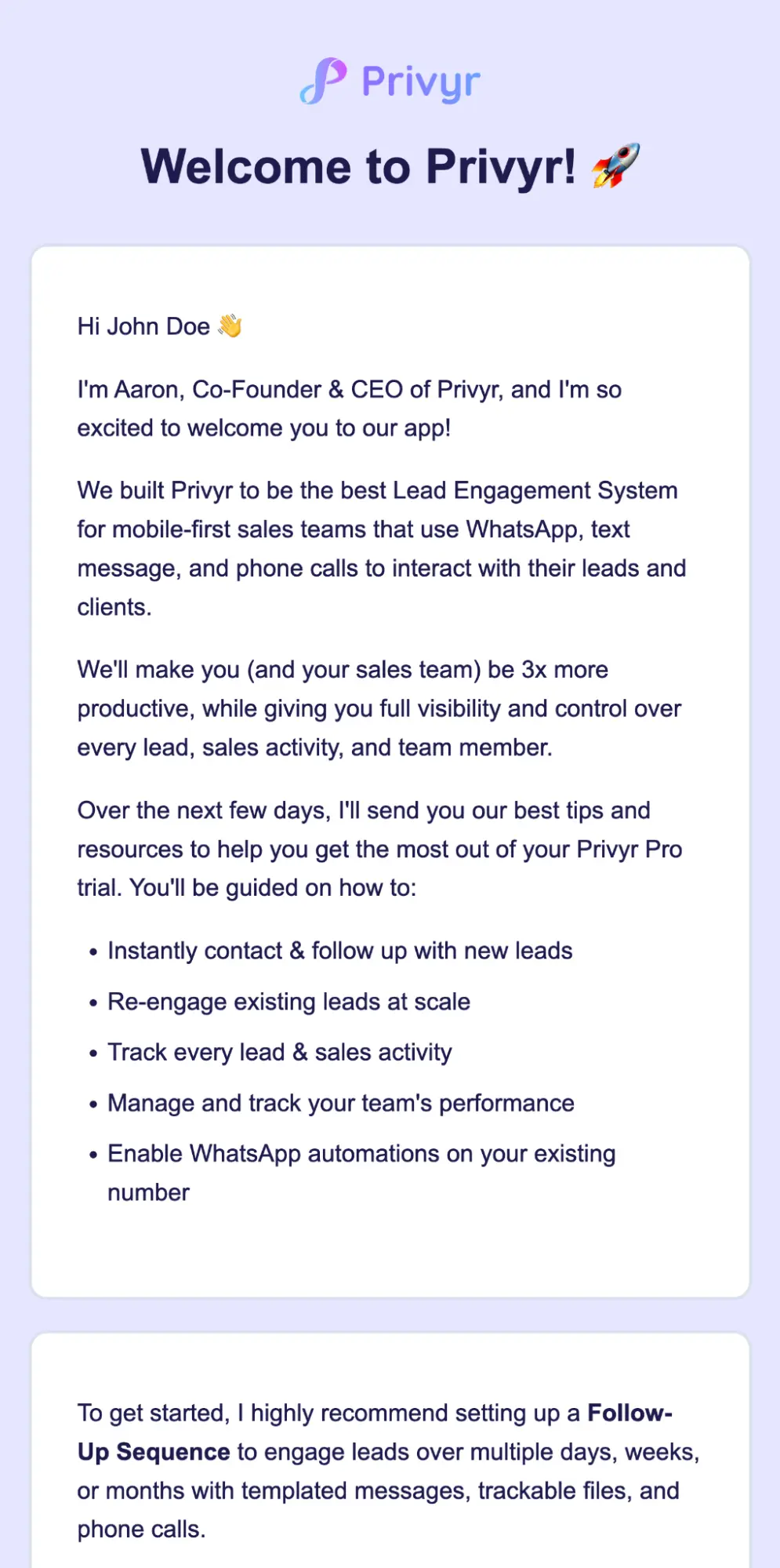 Welcome email from Privyr CEO Aaron explaining the apps lead engagement features and trial benefits.