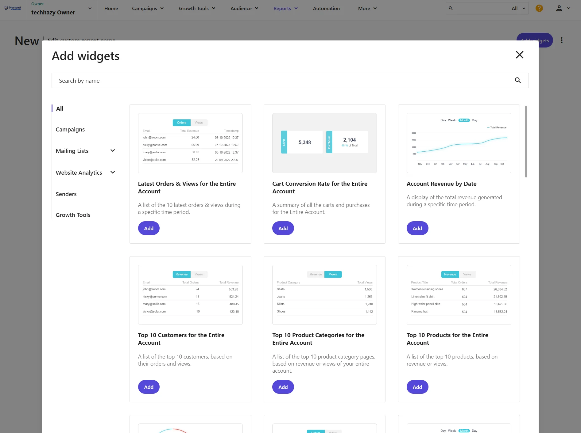 A grid of widget options, each with a preview image and an Add button.
