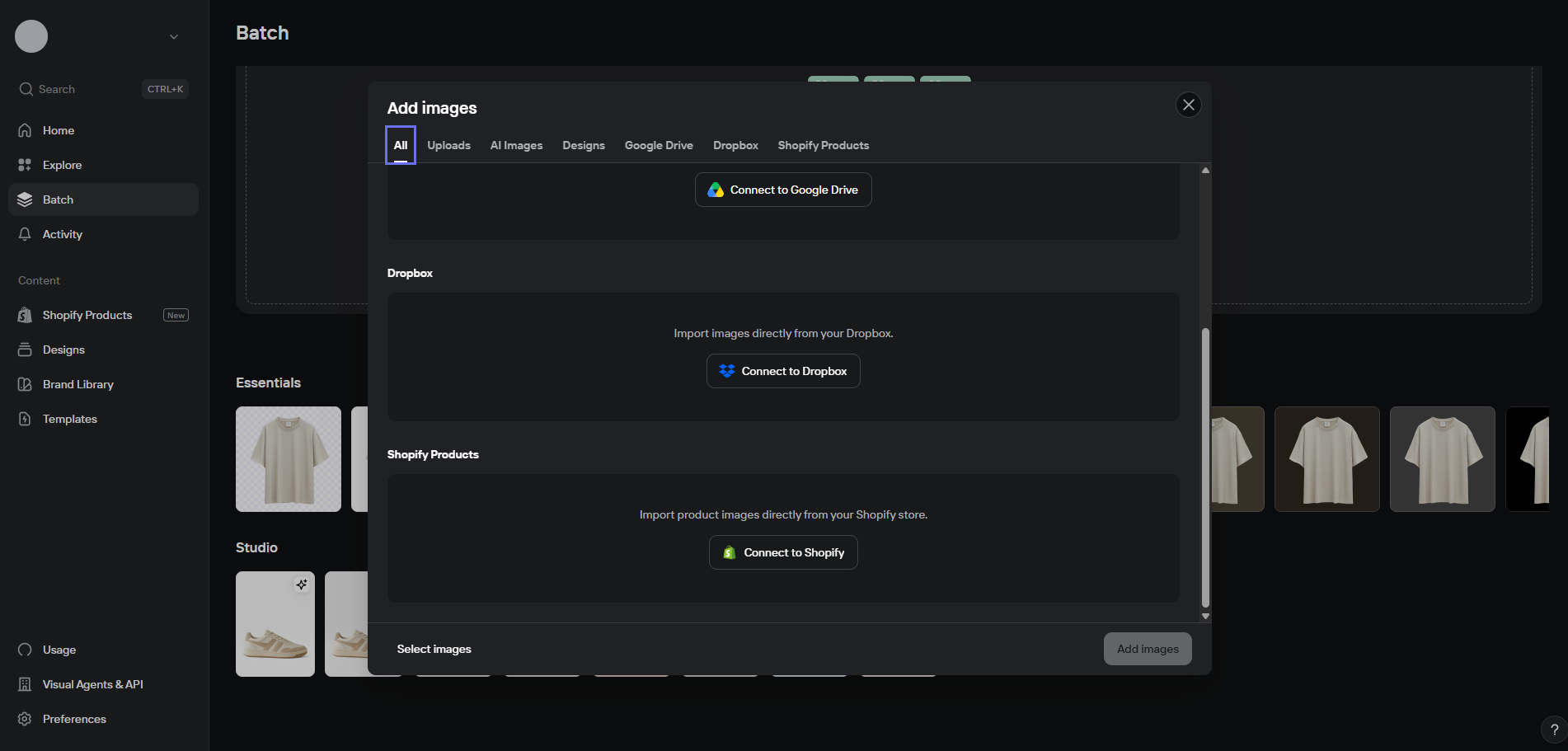 Add images window with options to import from Google Drive, Dropbox, and Shopify.