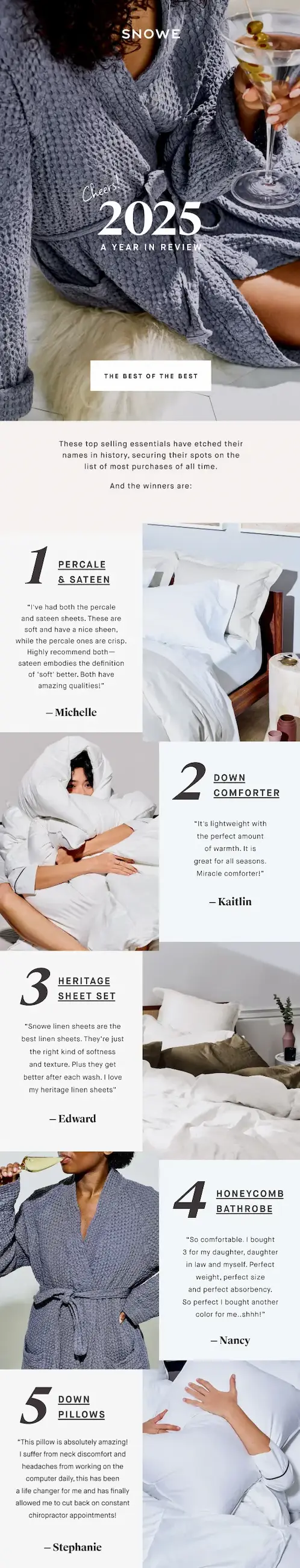 Collage showcasing top bedding picks of 2025, featuring sheets, comforters, bathrobes, and customer testimonials.
