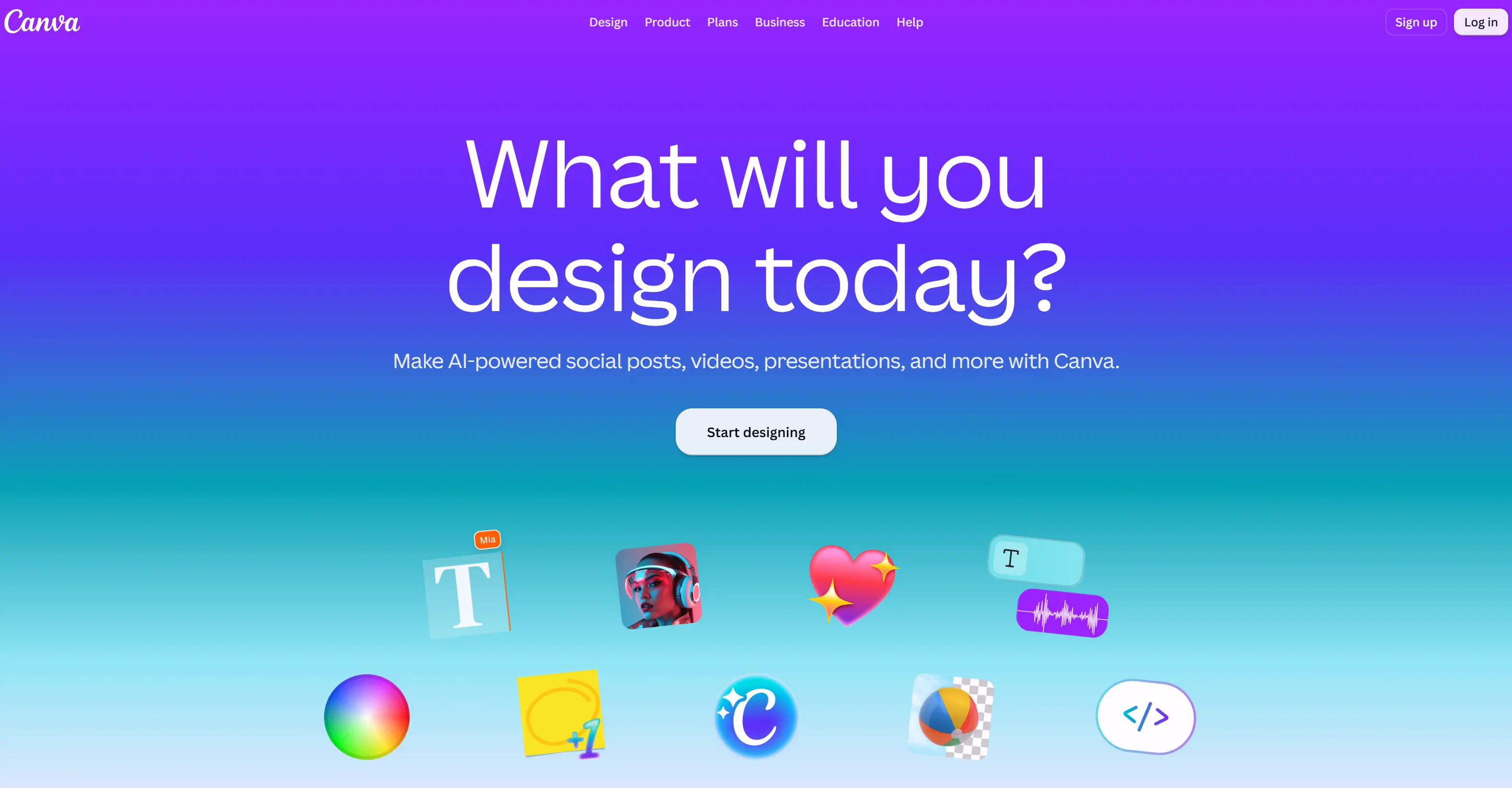 Canva homepage with the text What will you design today? and a Start designing button above various design icons.