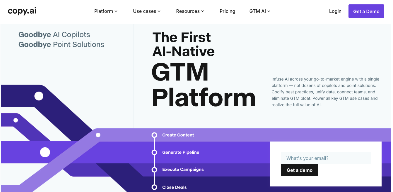 Copy.ai website landing page featuring a headline about an AI-native GTM platform and a sign-up form.