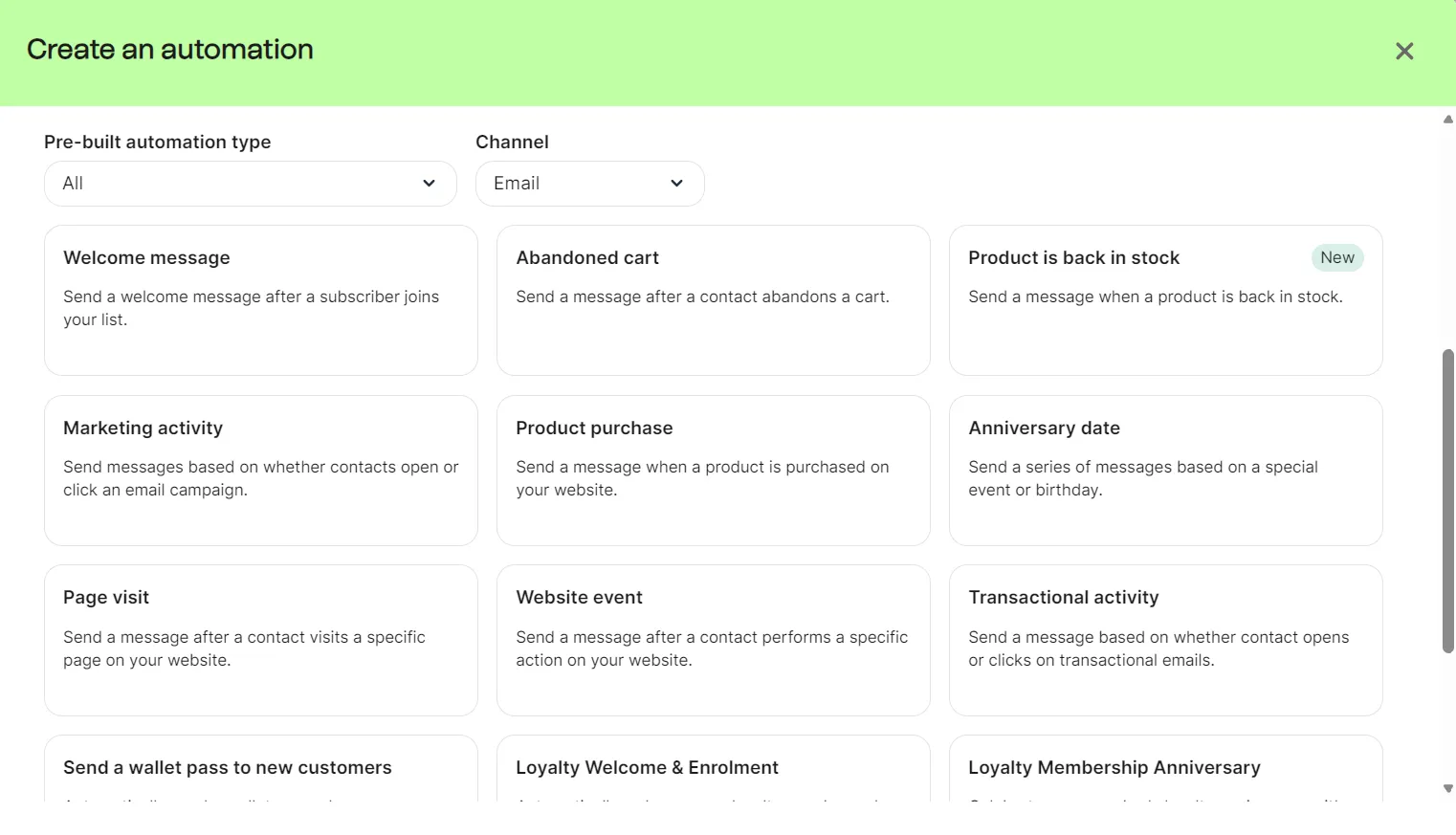 Menu showing various email automation options for website and marketing activities.