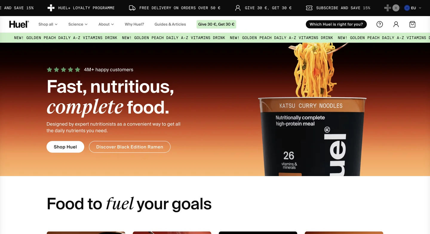 Huel’s product page highlighting its meal replacement products and a 20% subscription discount.
