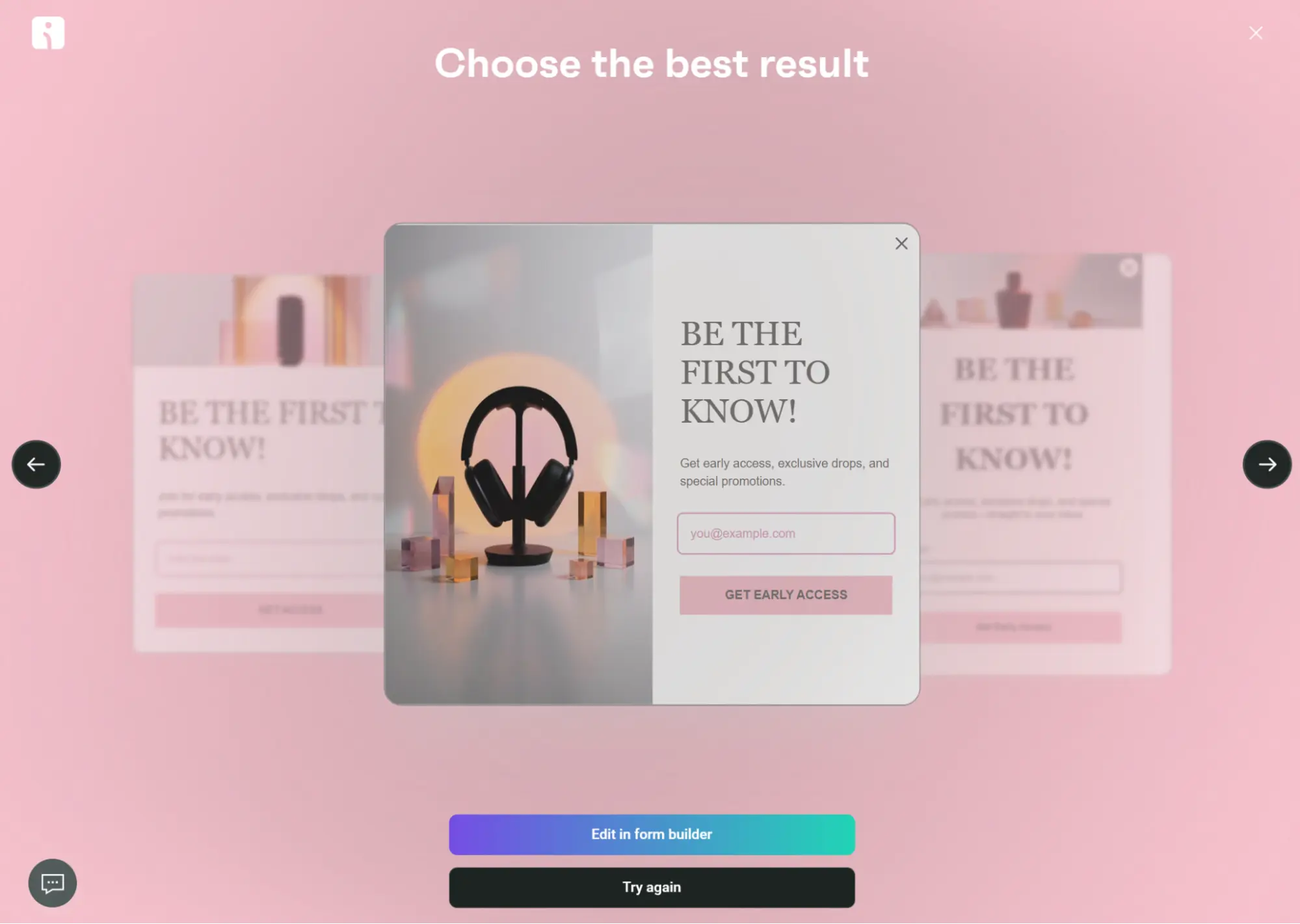 A form builder interface showing a newsletter sign-up modal with a headphone graphic and the text Be the first to know!.