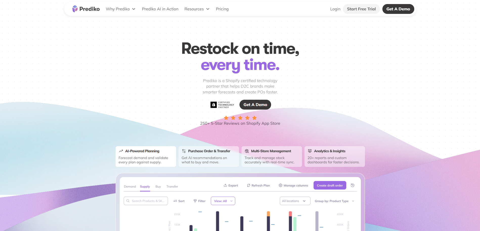 Prediko landing page displaying inventory management software features, including demand planning and analytics tools.