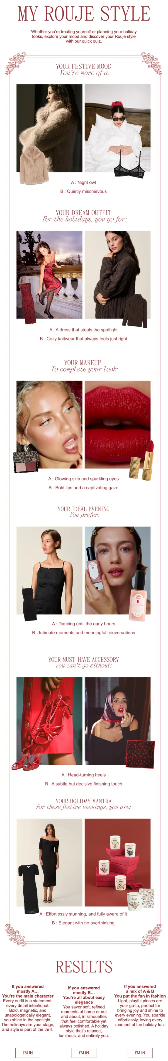 A fashion quiz result page showing outfits, accessories, and makeup suggestions with photos and brief descriptions.