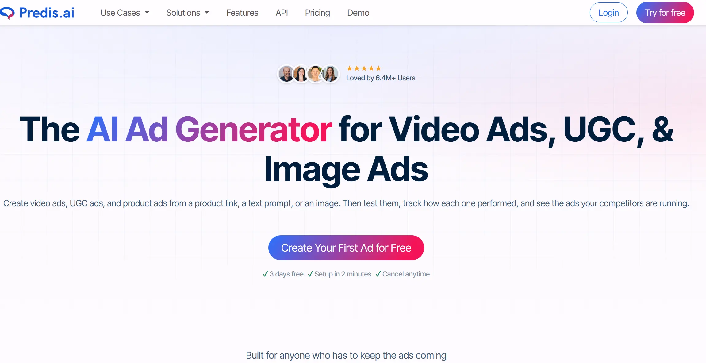 Predis.ai website hero section featuring an AI ad generator with a Create Your First Ad for Free button.