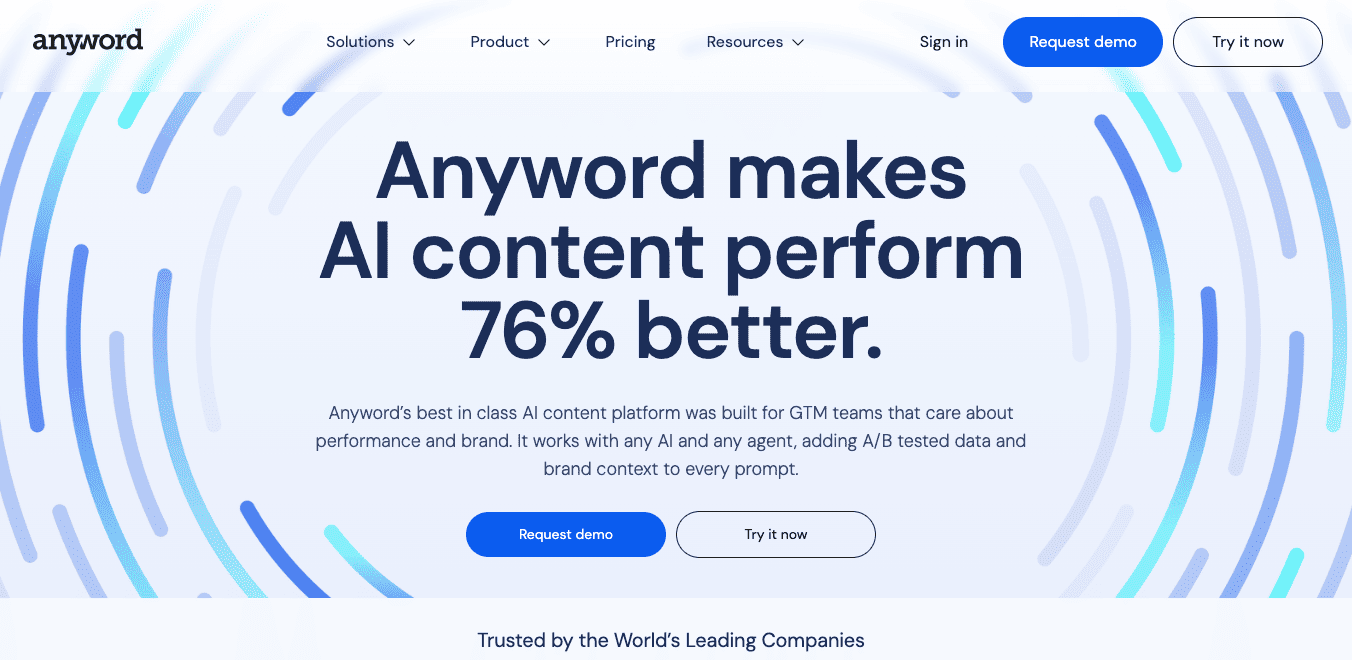 Anyword website homepage stating Anyword makes AI content perform 76% better with calls to action.