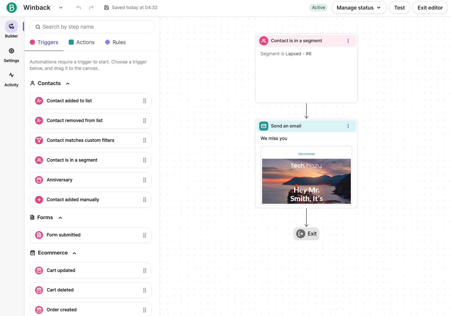 Winback automation builder interface showing a workflow that triggers when a contact enters the Lapsed segment.