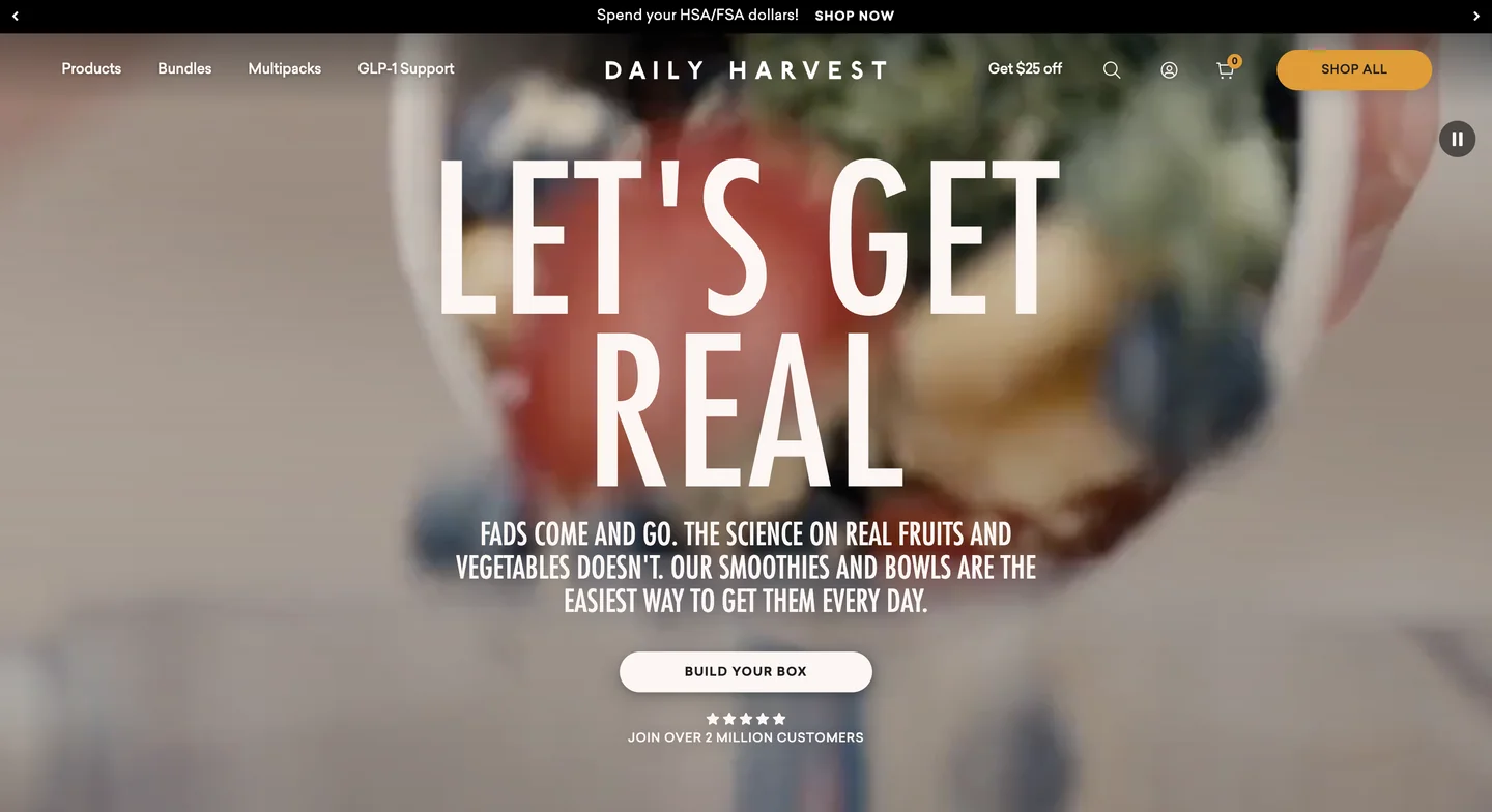 Daily Harvest’s website showcasing frozen meal products and messaging that no subscription is required.