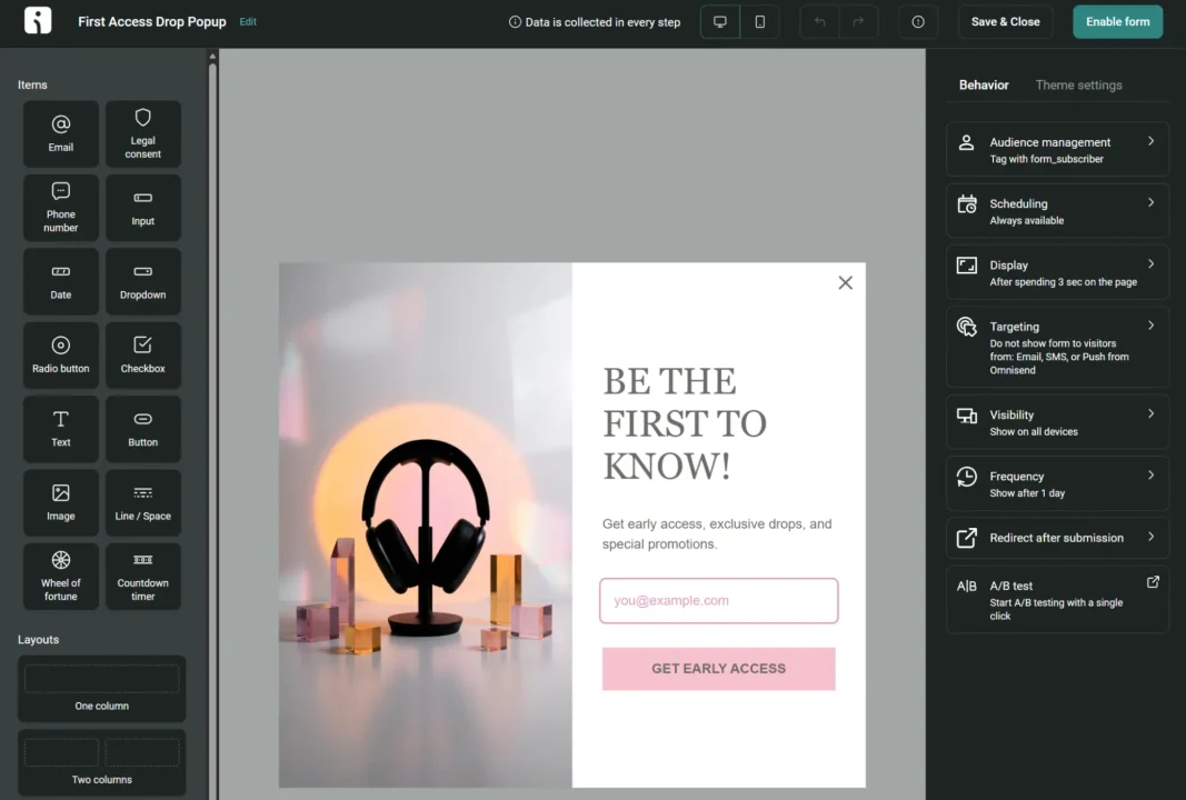 A popup builder interface showing a promotional form with headphones and the text Be the first to know!.