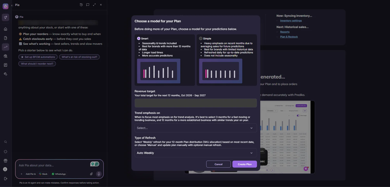 Dashboard window for choosing a predictive model, revenue target, trend emphasis, and refresh schedule.