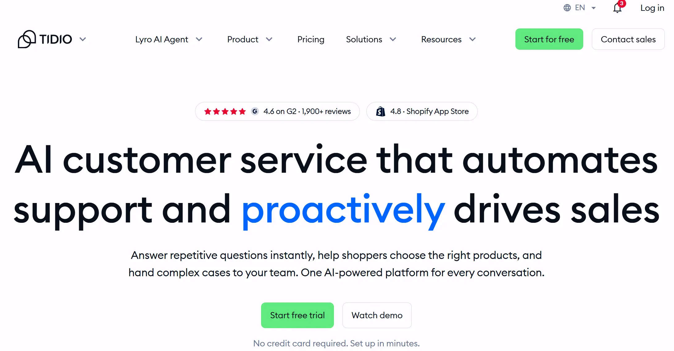Tidio website hero section featuring the headline: AI customer service that automates support and proactively drives sales.