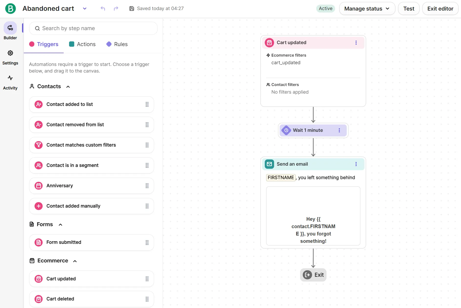 An email automation builder interface showing a workflow triggered by a cart update, a one-minute delay, and an email.
