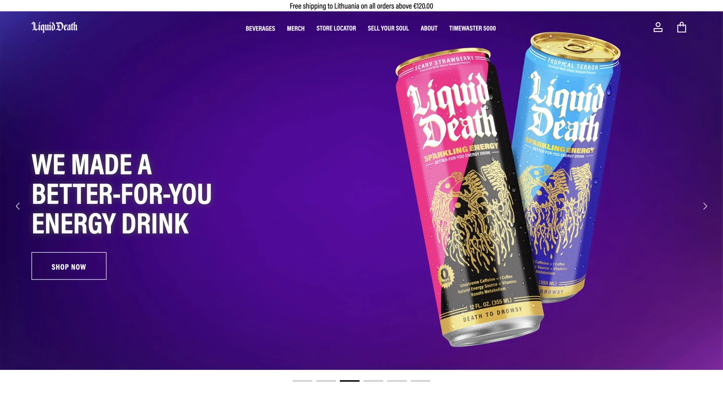 Liquid Death’s website featuring canned beverages and its distinctive, irreverent branding.