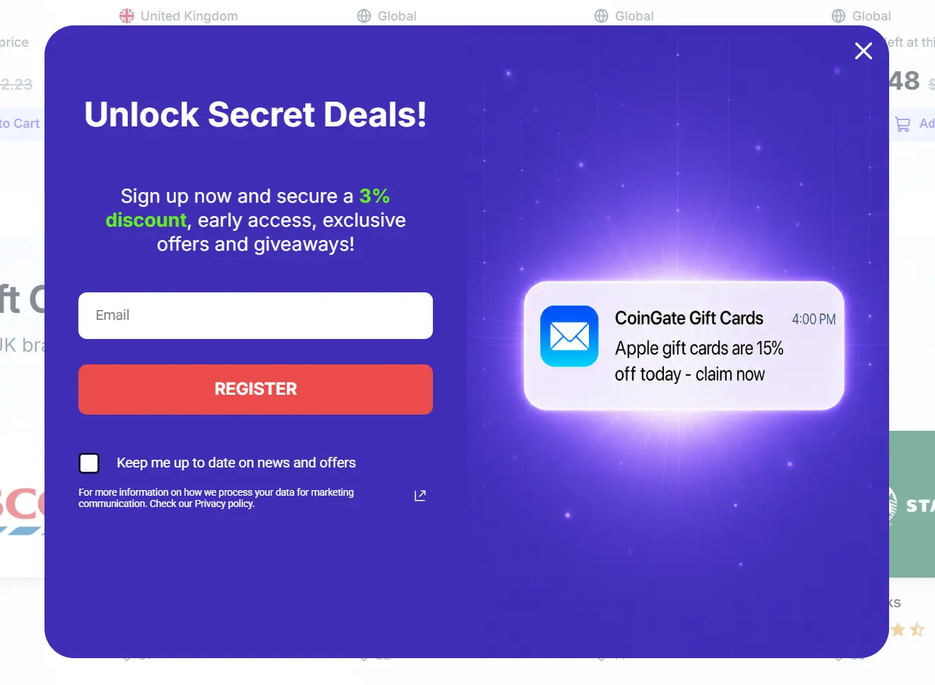 Pop-up window for email signup to receive discounts and a notification about CoinGate Apple gift card deals.