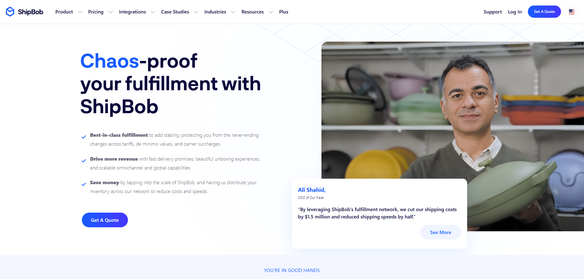 ShipBob website header with a testimonial from Ali Shahid, COO of Our Place, about reducing shipping costs and speeds.