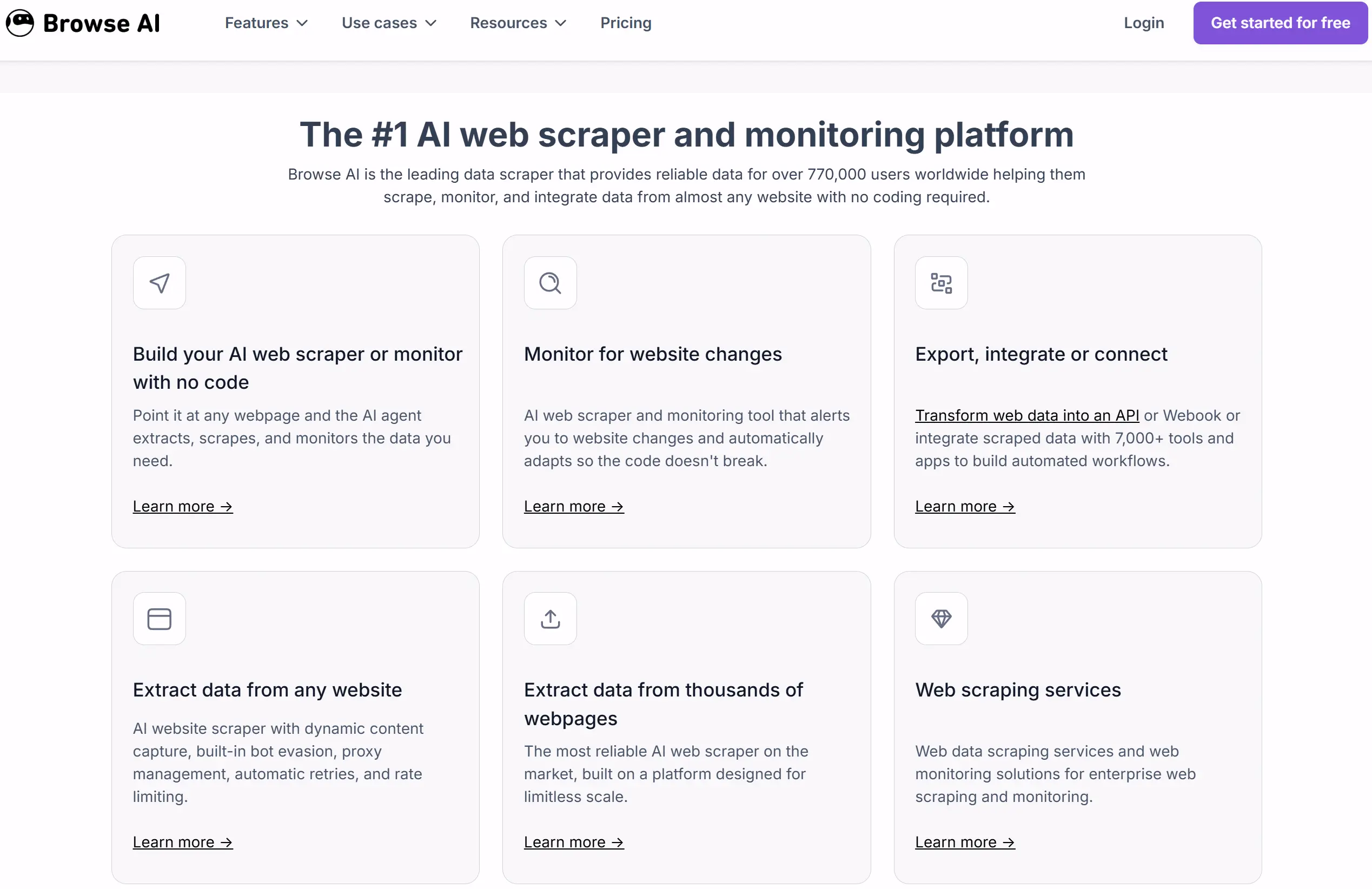 Browse AI website landing page showing features of an AI-powered web scraping and monitoring platform.