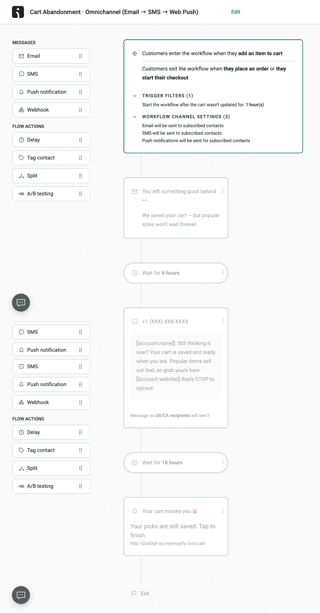 Workflow automation diagram for a cart abandonment omnichannel strategy featuring email, SMS, and push notification steps.