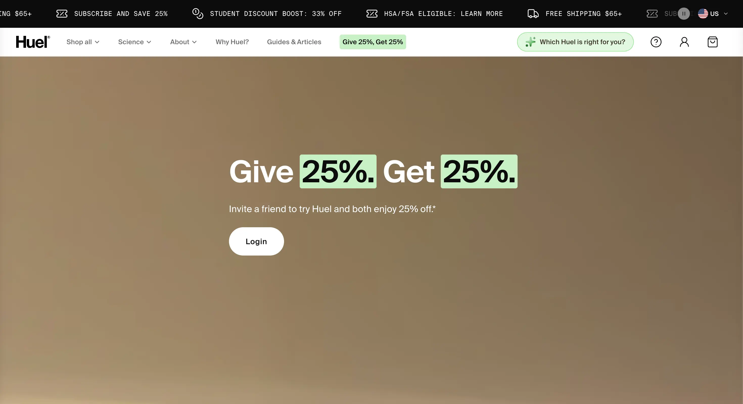 Best Shopify food and beverage stores: Huel’s Give 25%, Get 25% referral program webpage, offering customers and their friends a 25% discount on Huel products.