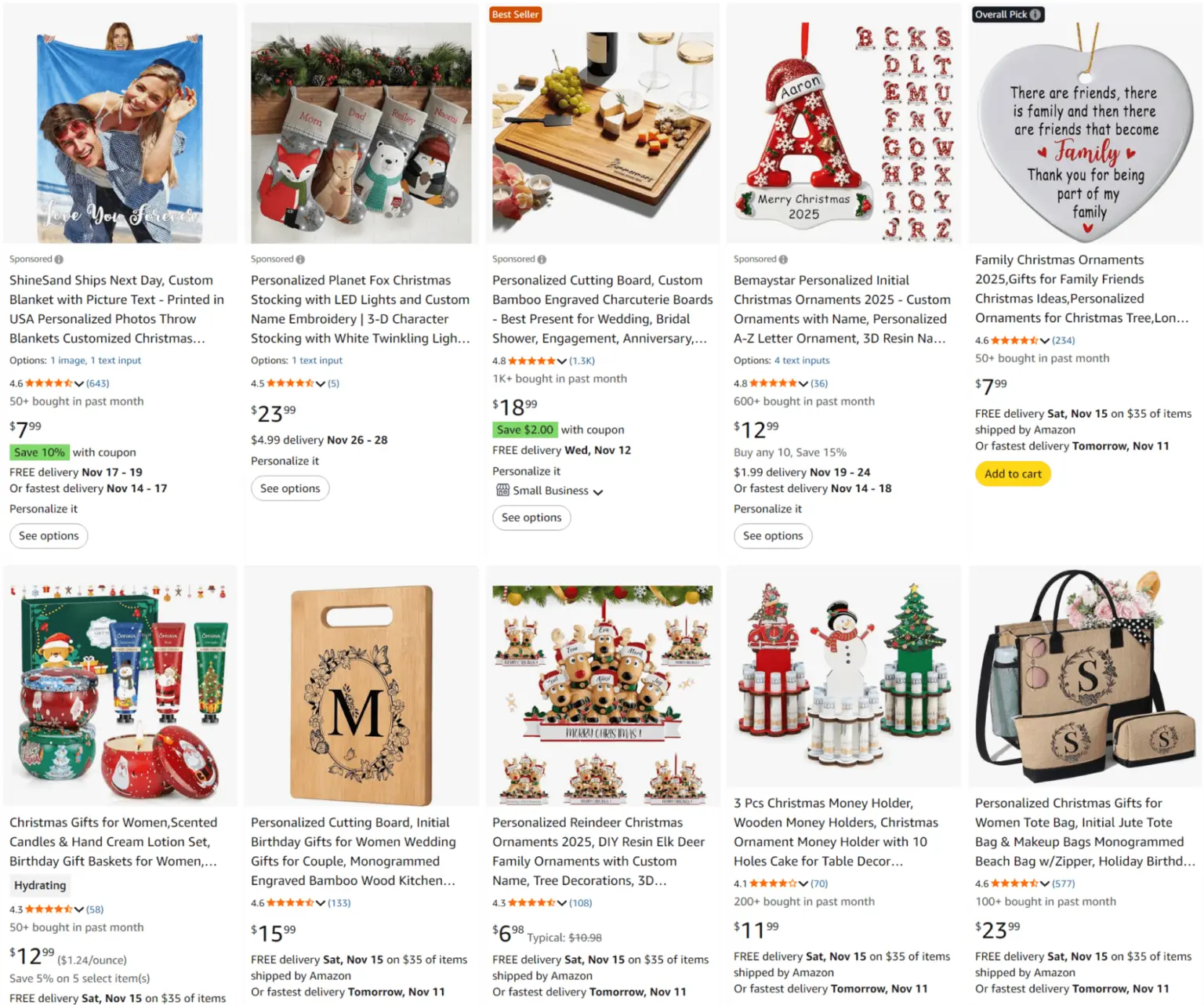 A grid of ten Christmas-themed personalized gifts with product titles, pricing, and ratings.