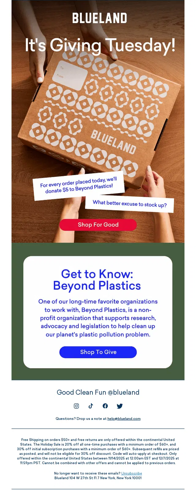 Blueland Giving Tuesday email featuring a branded shipping box and a call to donate to Beyond Plastics.