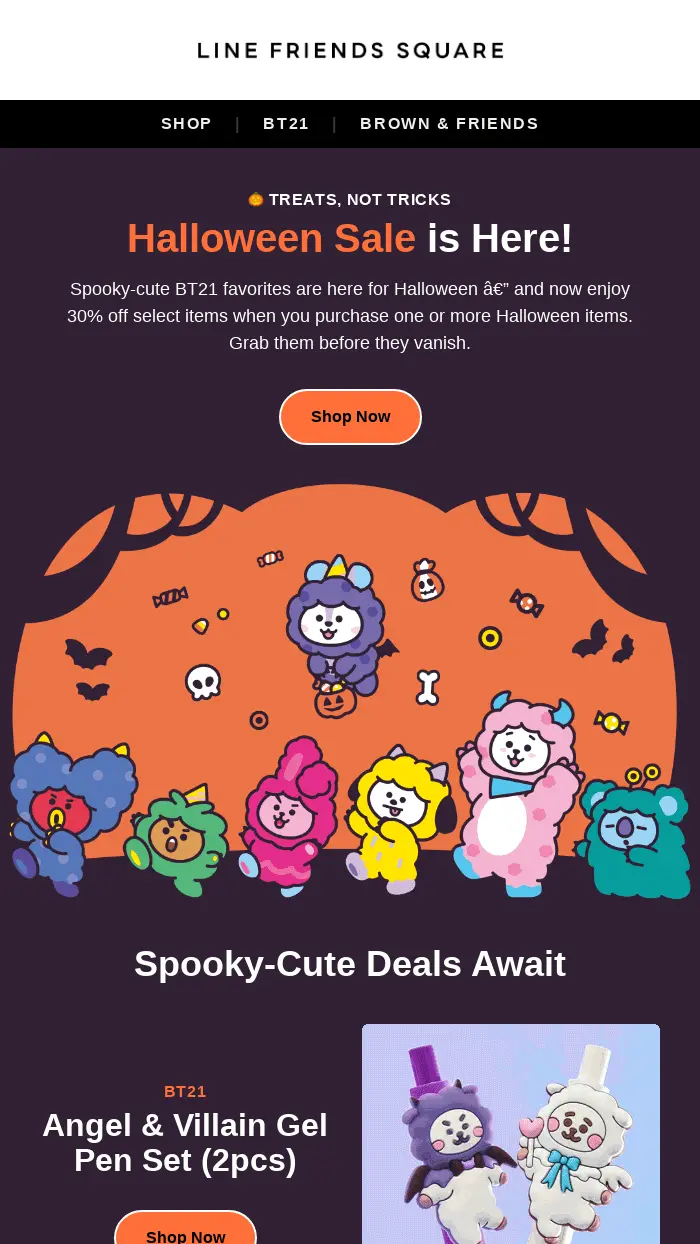 Halloween sale advertisement for BT21 merchandise featuring cartoon characters in costumes and an angel/villain pen set.
